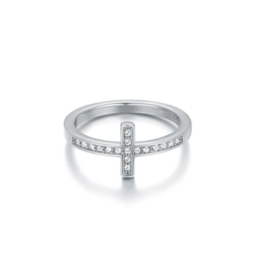 Minimalist Cross Ring with Clear Swarovski Crystals Rhodium Plated