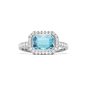 Halo Octagon Statement Ring with Aquamarine Crystals Rhodium Plated