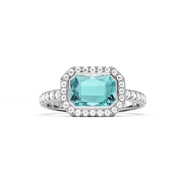 Halo Octagon Statement Ring with Light Turquoise Crystals Rhodium Plated