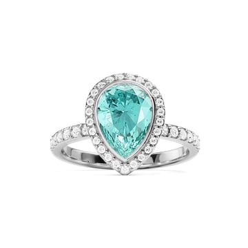 Halo Teardrop Statement Ring with Light Turquoise Crystals Rhodium Plated