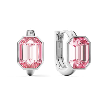 Octagon Statement Hoop Earrings with Light Rose Crystals Rhodium Plated