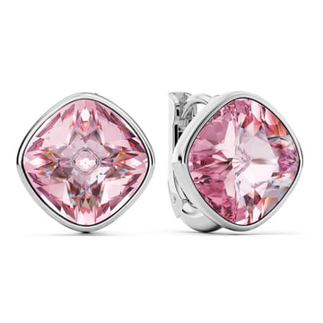 Cushion Statement Hoop Earrings with Light Rose Crystals Rhodium Plated