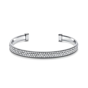 Showstopper Statement Open Bangle with Clear Austrian Crystals Rhodium Plated
