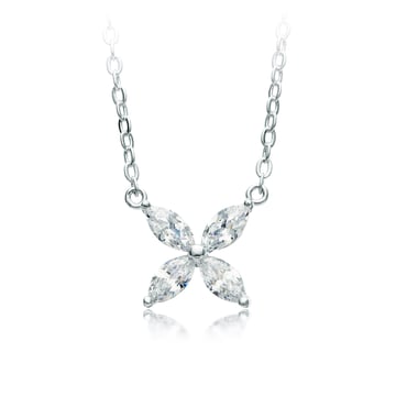 Victoria Flower Marquise CZ Pendant Necklace Bridal Rhodium Plated