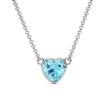 Heart Pendant Necklace with Aquamarine Crystals Rhodium Plated