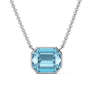 Octagon Pendant Necklace with Aquamarine Crystals Rhodium Plated