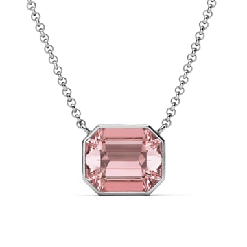 Octagon Pendant Necklace with Light Rose Crystals Rhodium Plated
