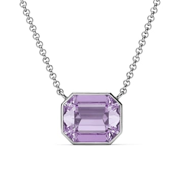 Octagon Pendant Necklace with Violet Crystals Rhodium Plated