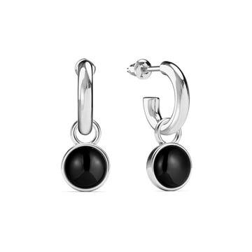 Round Cabochon Drop Earrings Black Onyx Rhodium Plated