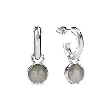 Round Cabochon Drop Earrings Grey Moonstone Rhodium Plated