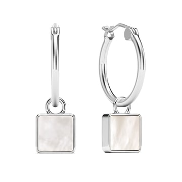 Square 18mm Hoop Drop Earrings Mother of Pearl Rhodium Plated
