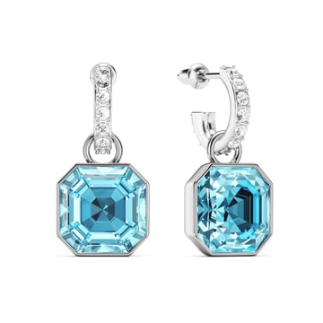 Asscher Mix Charms and Eternity 11mm Carrier Earrings Set Aquamarine Rhodium Plated