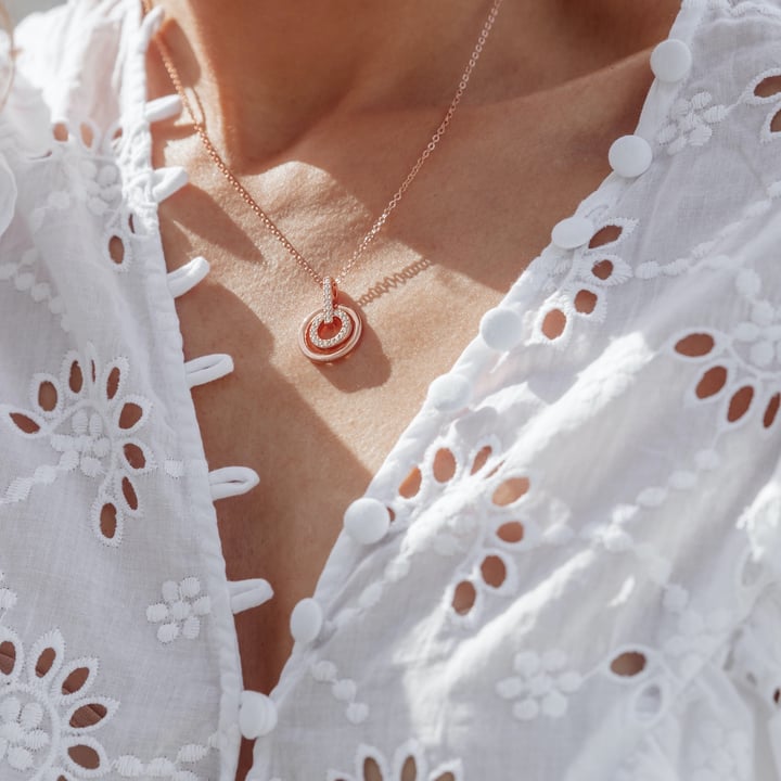 Circle Double Necklace with Clear Crystals Rose Gold Plated