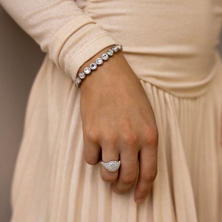 Pave Dome Cocktail Ring Clear Crystals Rhodium Plated
