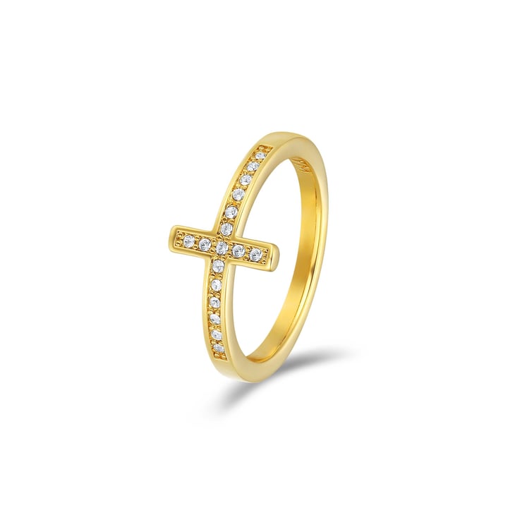 Minimalist Cross Ring with Clear Swarovski Crystals Gold Plated