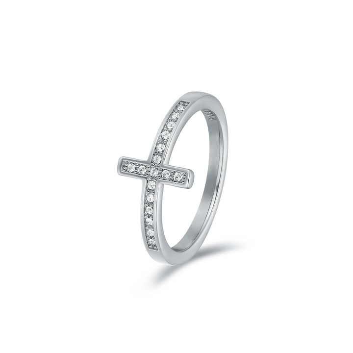 Minimalist Cross Ring with Clear Swarovski Crystals Rhodium Plated