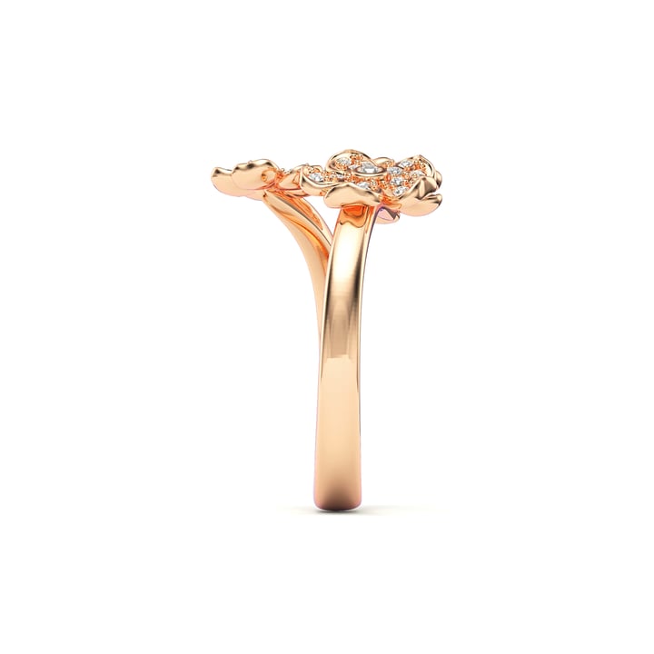 Cherry Blossom Flower Open Cocktail Ring Clear Crystals Pave Rose Gold Plated