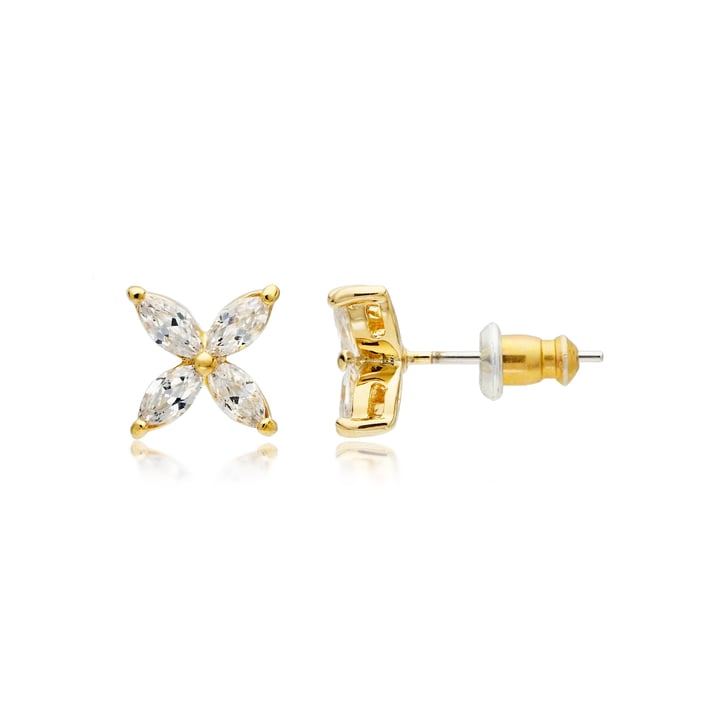 Victoria Flower Marquise Clear CZ Stud Earrings Bridal Gold Plated