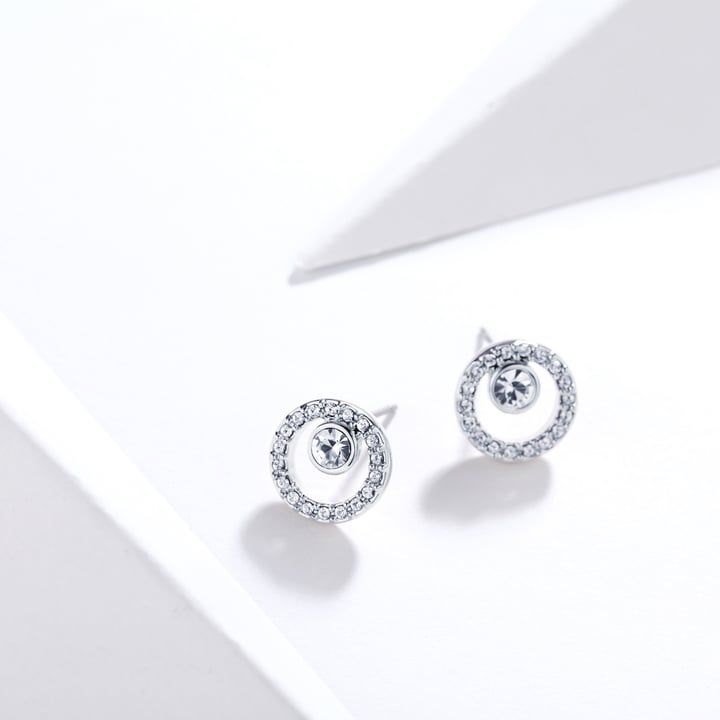 Halo Creativity Circle Stud Earrings with Austrian Crystals Rhodium Plate Bridal