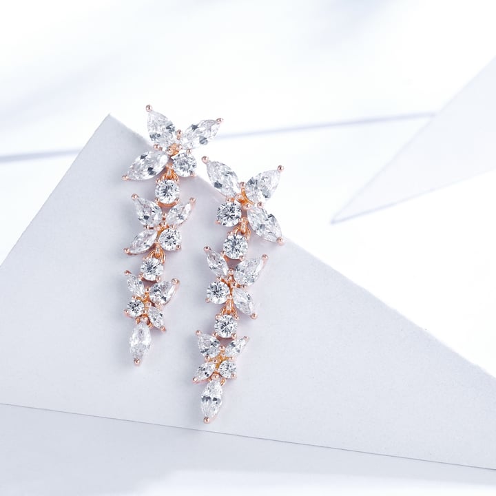 Victoria Cluster Drop Hanging Earrings CZ Rose Gold Plated Bridal Wedding MYJS