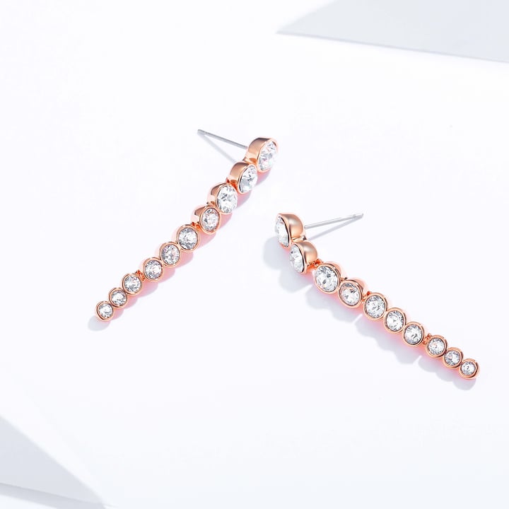 Tennis Cascade Drop Earrings with Clear Swarovski Crystals Rose Gold Plated