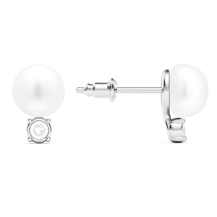 Dewdrop Freshwater Pearl Crystals Stud Earrings White Freshwater Pearl Rhodium Plated