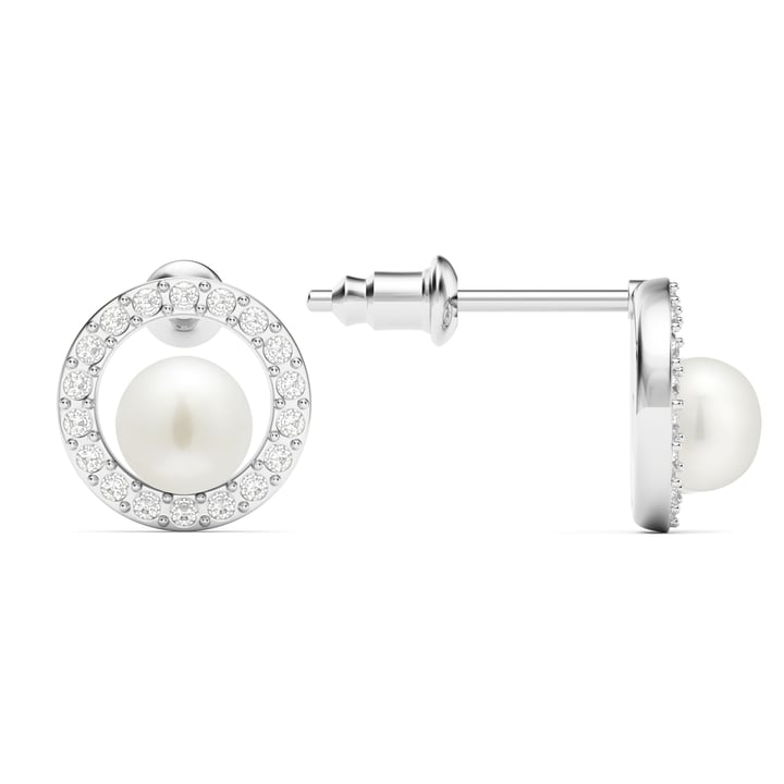 Halo Freshwater Pearl Stud Earrings White Freshwater Pearl Rhodium Plated