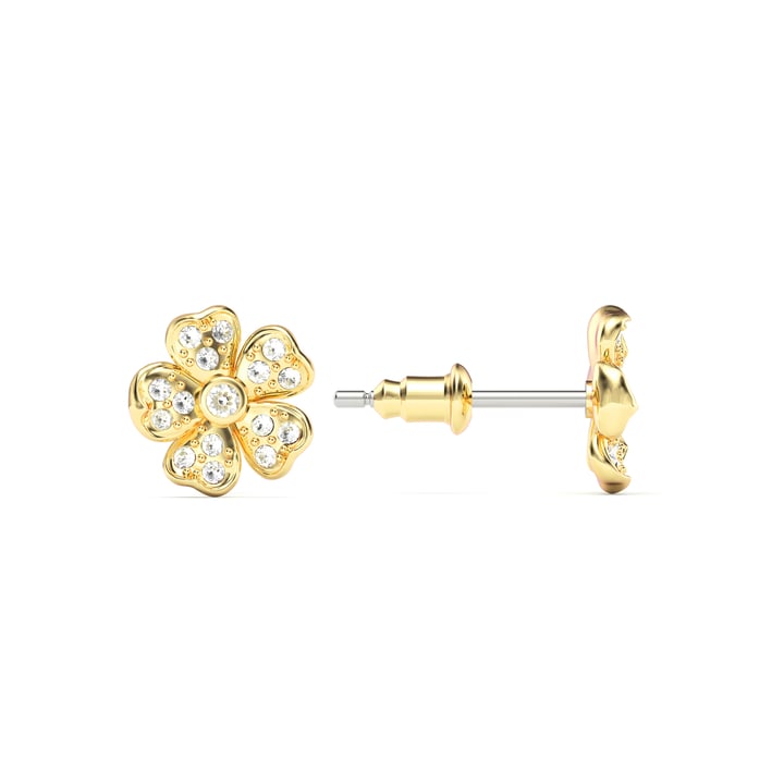 Cherry Blossom Flower Stud Earrings Clear Crystals Pave Gold Plated