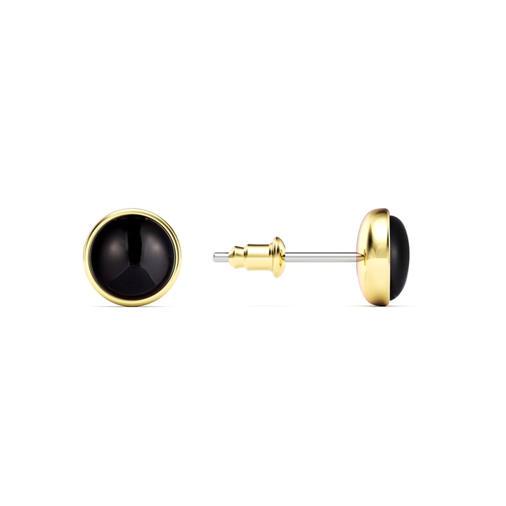 Round Petite Cabochon Stud Earrings Black Onyx Gold Plated