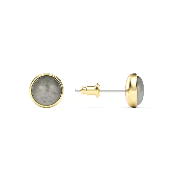 Round Petite Cabochon Stud Earrings Grey Moonstone Gold Plated