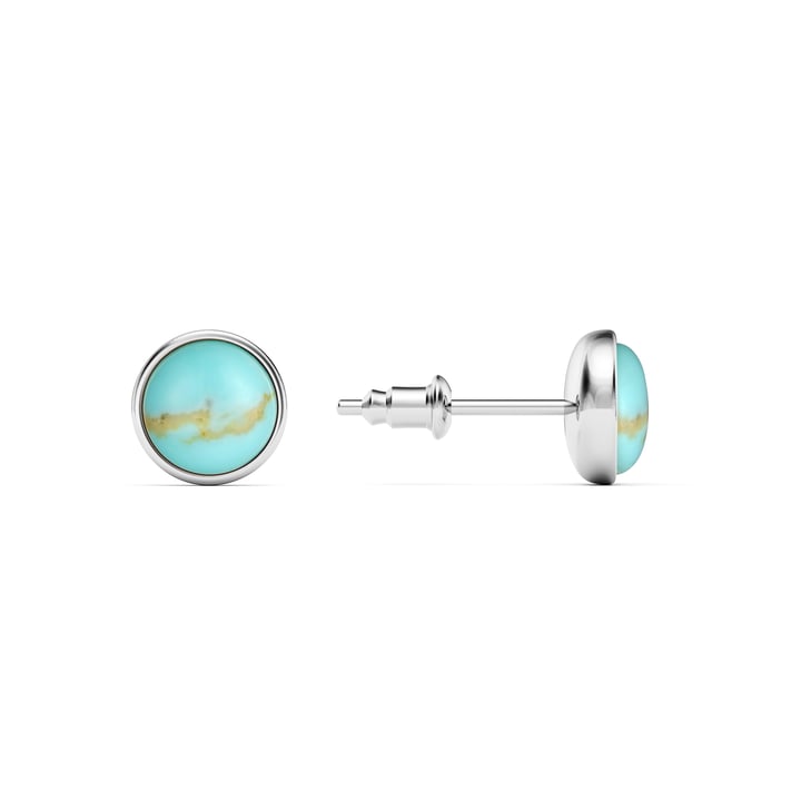 Round Petite Cabochon Stud Earrings Turquoise Rhodium Plated
