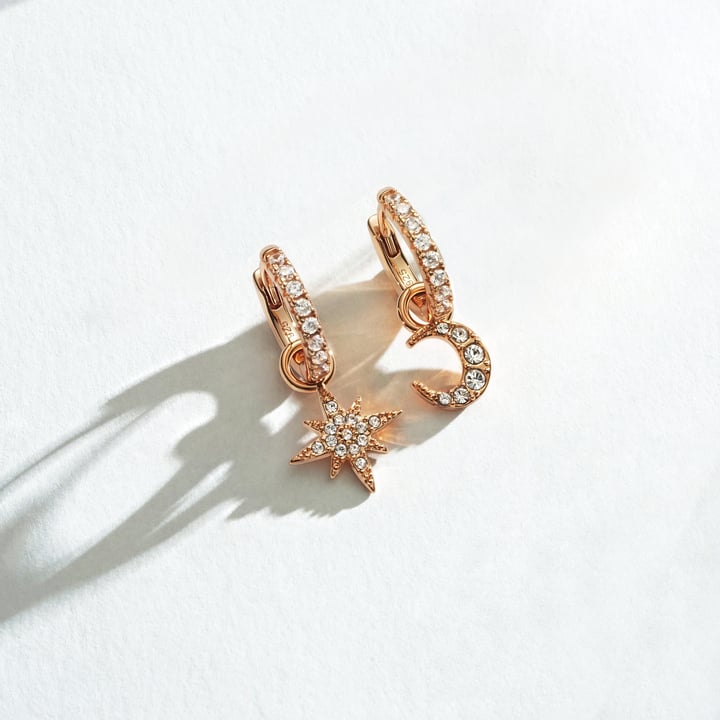 Star and Moon Mix Charms Clear Crystals Rose Gold Plated