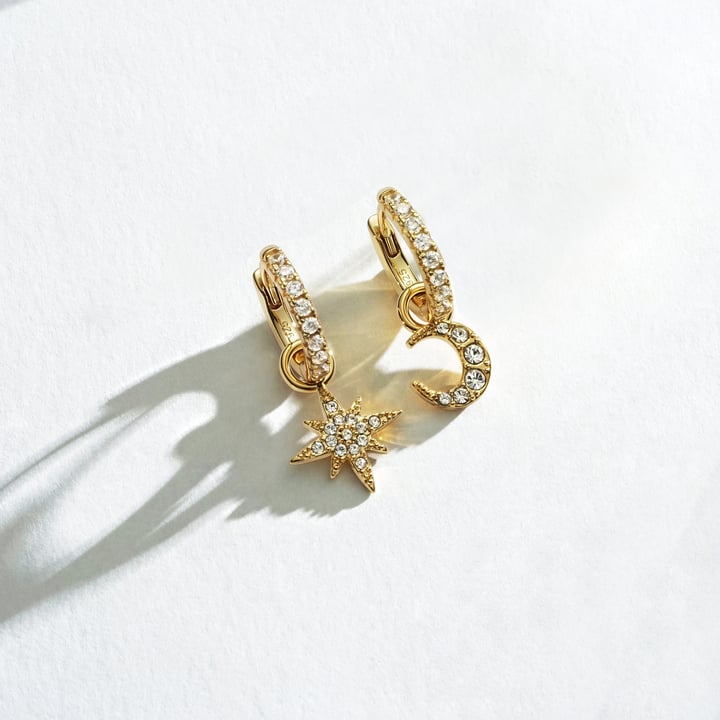 Star and Moon Mix Charms Clear Crystals Gold Plated