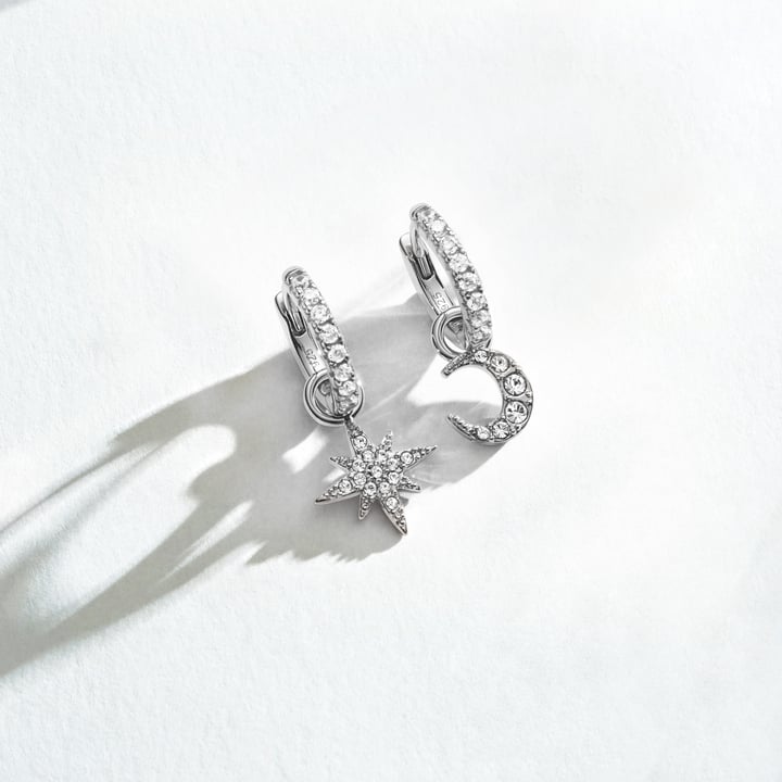 Star and Moon Mix Charms Clear Crystals Rhodium Plated