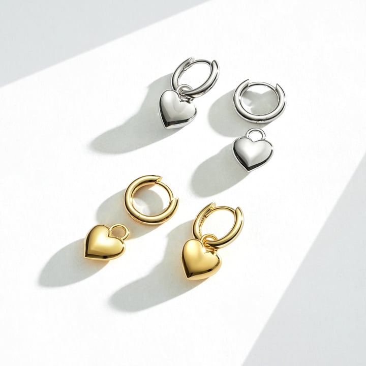 Minimal Puffed Heart Mix Charms Rhodium Plated