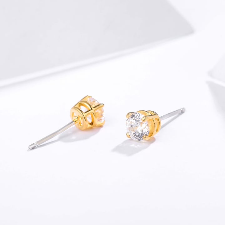 Solitaire Clear Cubic Zirconia Sterling Silver Stud Earrings 4mm Gold Plated