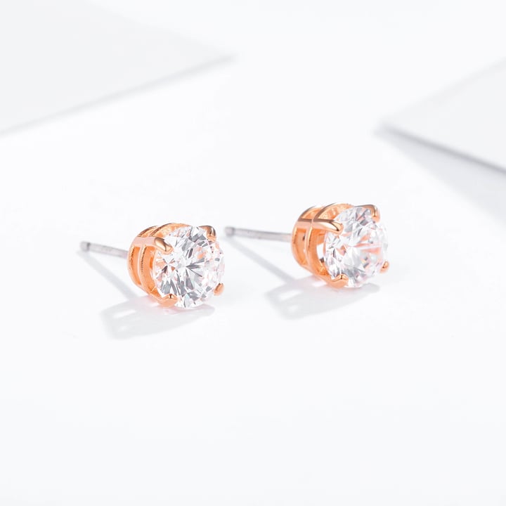 Solitaire Clear Cubic Zirconia Sterling Silver Stud Earrings 6mm Rose Gold Plated
