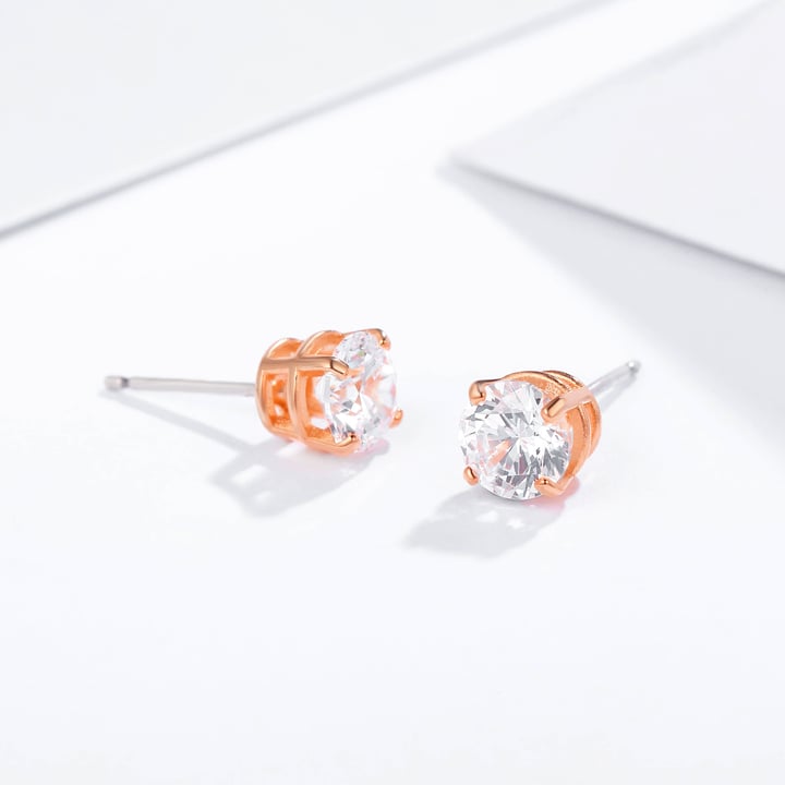 Solitaire Clear Cubic Zirconia Sterling Silver Stud Earrings 6mm Rose Gold Plated