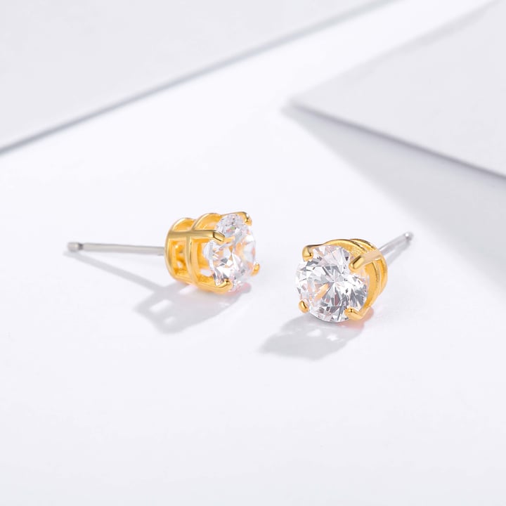 Solitaire Clear Cubic Zirconia Sterling Silver Stud Earrings 6mm Gold Plated