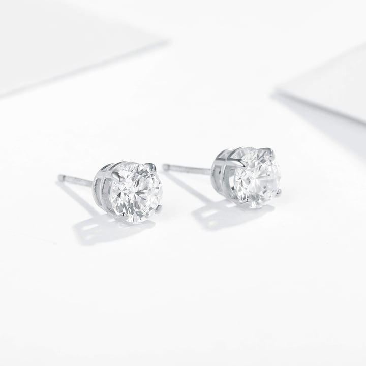 Solitaire Clear Cubic Zirconia Sterling Silver Stud Earrings 6mm Rhodium Plated
