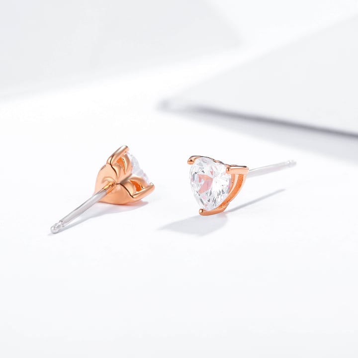 Solitaire Heart Clear Cubic Zirconia Sterling Silver Stud Earrings 5mm Rose Gold Plated