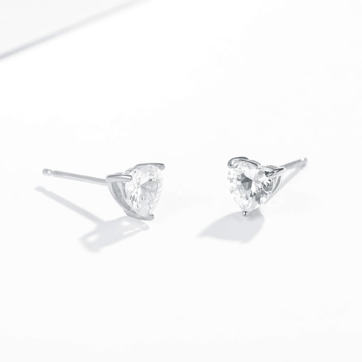 Solitaire Heart Clear Cubic Zirconia Sterling Silver Stud Earrings 5mm Rhodium Plated