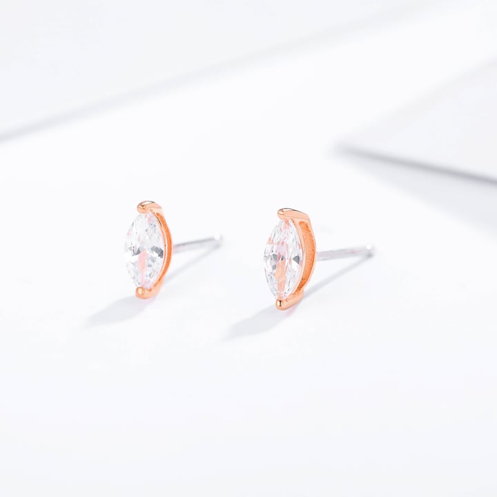 Solitaire Marquise Clear Cubic Zirconia Sterling Silver Stud Earrings Rose Gold Plated
