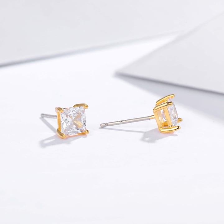 Solitaire Square Clear Cubic Zirconia Sterling Silver Stud Earrings 5mm Gold Plated