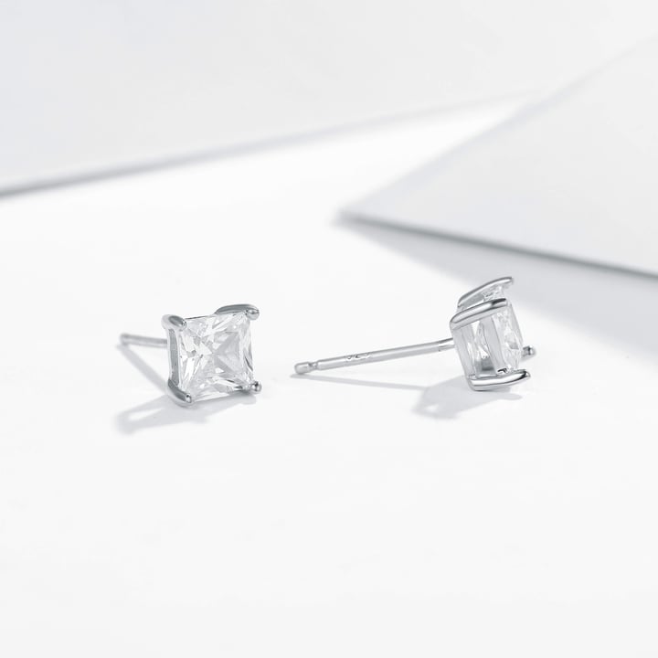 Solitaire Square Clear Cubic Zirconia Sterling Silver Stud Earrings 5mm Rhodium Plated