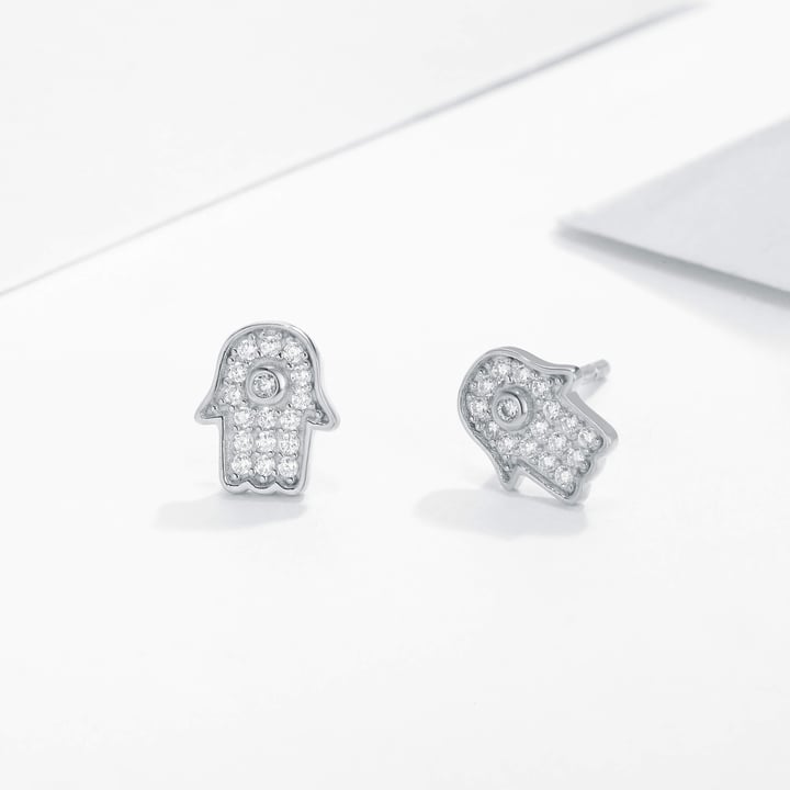 Hamsa Hand CZ Pave Stud Earrings in Sterling Silver Rhodium Plated