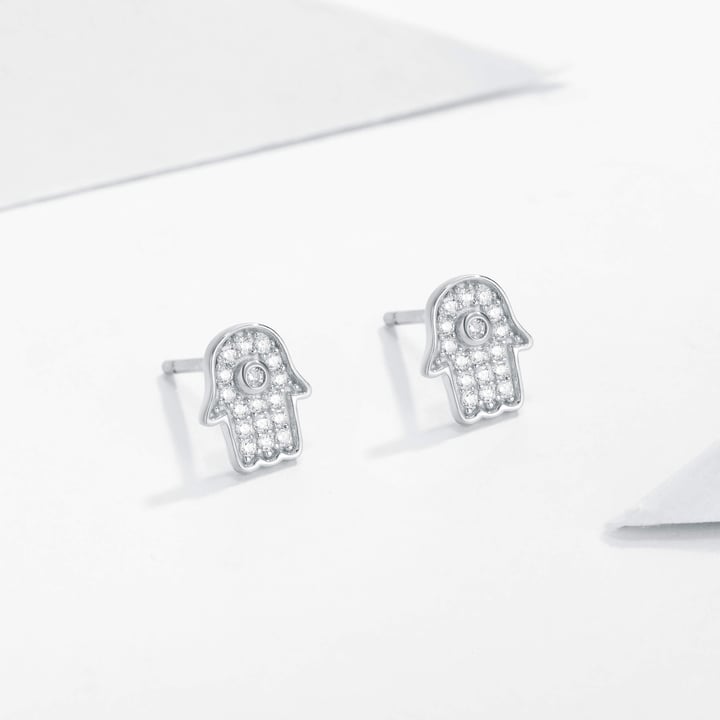 Hamsa Hand CZ Pave Stud Earrings in Sterling Silver Rhodium Plated