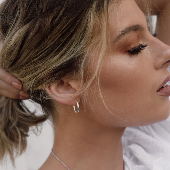 Minimal Long Mix Hoop Carrier Earrings in Sterling Silver Clear Rose Gold Plated