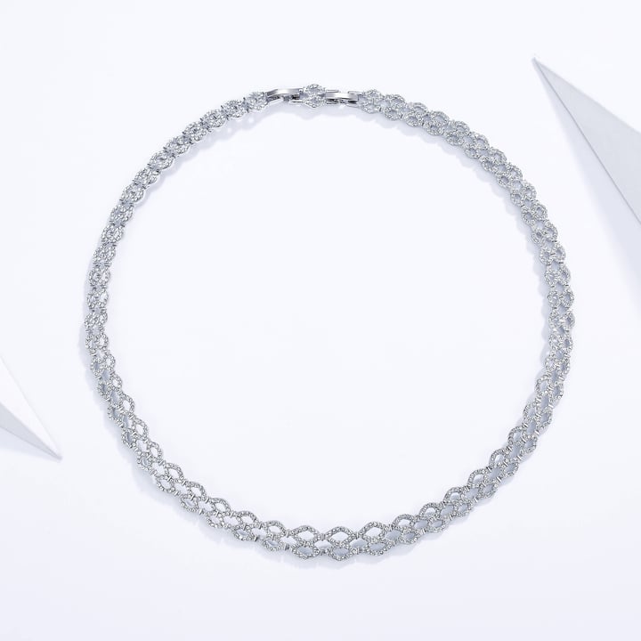 Lace Wide Necklace w Clear Swarovski Crystals Rhodium Plated Bridal