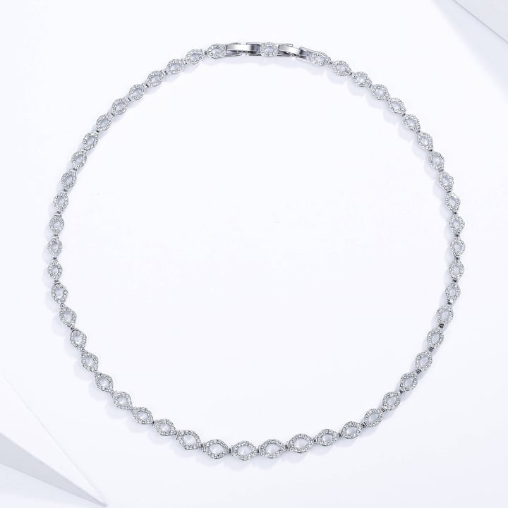 Lace Thin Necklace w Clear Swarovski Crystals Rhodium Plated Bridal
